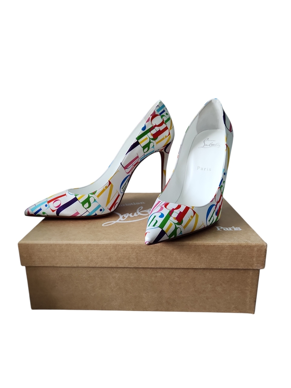 NEW Christian Louboutin Crepe Satin ABC Model / White-Multicolor Pumps - Picture 7 of 10